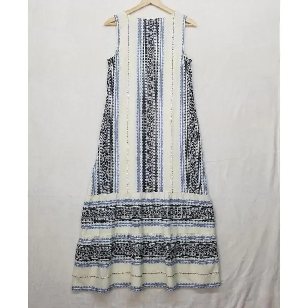 J. Jill V-neck Sleeveless Tiered Midi Dress Womens XS‎ White Blue Striped Cotton